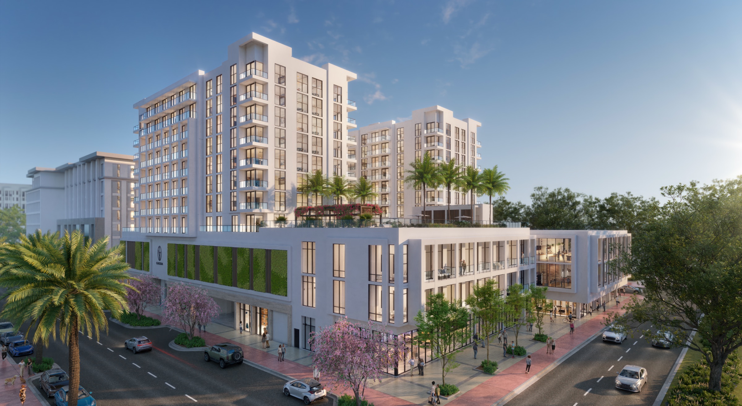 Cassia — the twelve-story residence on Salzedo Street, Coral Gables, at dusk